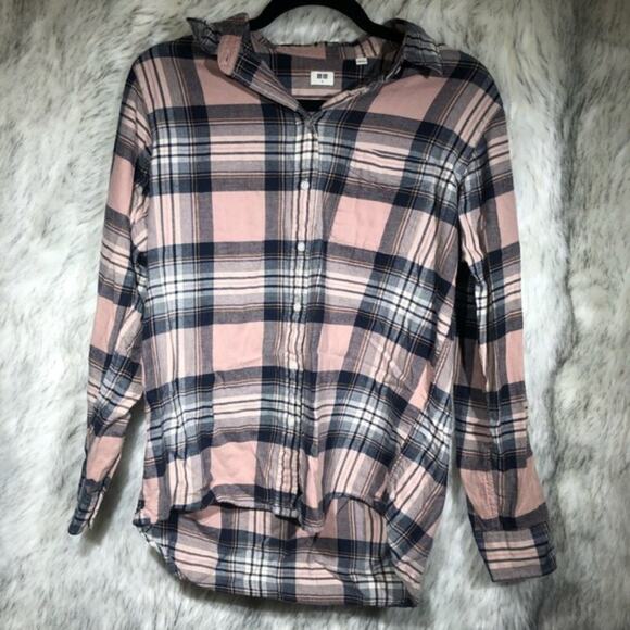 Uniqlo pink & black plaid checkered button down 100% cotton shirt - Picture 3 of 6